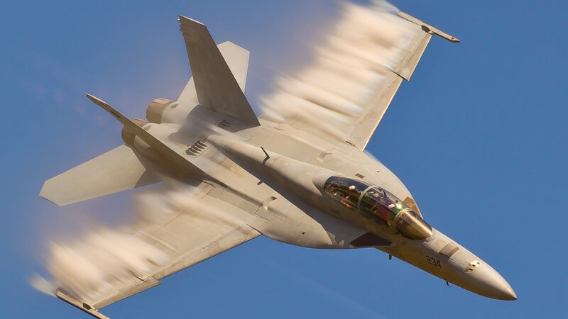 Fighter Jet in Flight — Blue, Dynamic, Afternoon, Photograph, Aircraft, Sky, Pilot