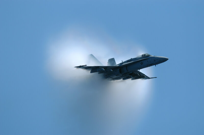 Fighter Jet in Flight — Blue, Dynamic, Afternoon, Photograph, Cloud, Sky