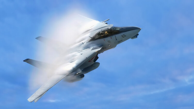 Fighter Jet in Flight — Blue, Dynamic, Afternoon, Photograph, Cloud