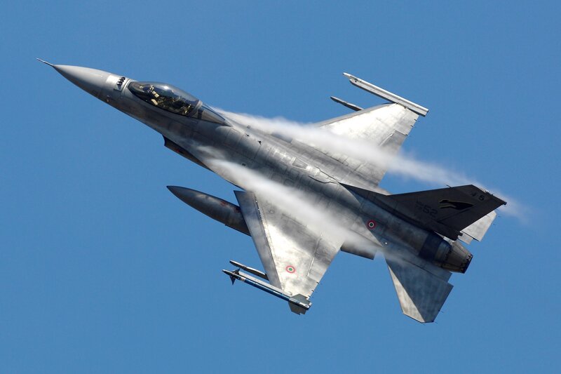 Fighter Jet in Flight — Blue, Dynamic, Afternoon, Photograph, Clouds, Sky, Missile