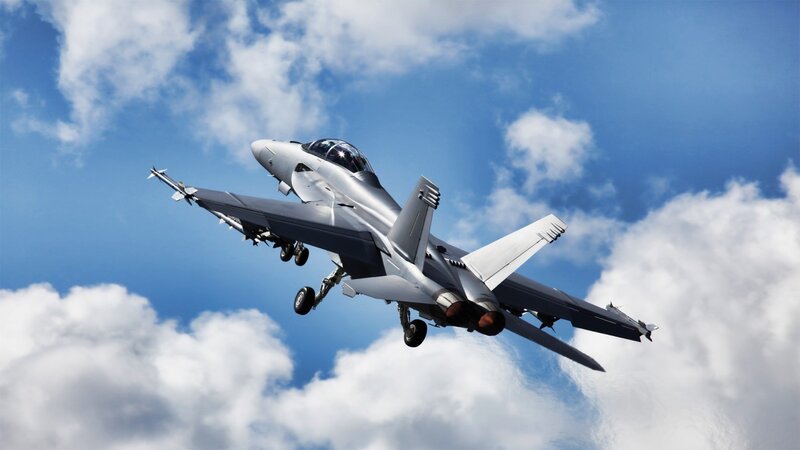 Fighter Jet in Flight — Blue, Dynamic, Afternoon, Photograph, Clouds, Sky, Wings
