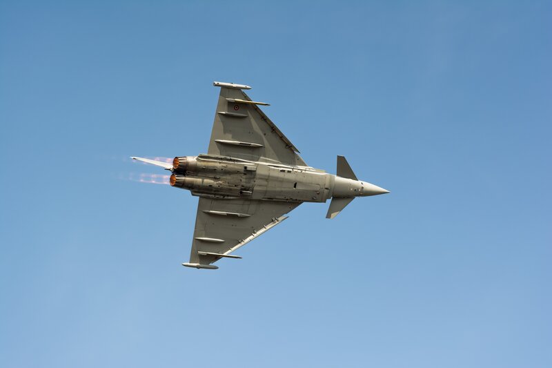 Fighter Jet in Flight — Blue, Dynamic, Afternoon, Photograph, Jet Engine, Sky