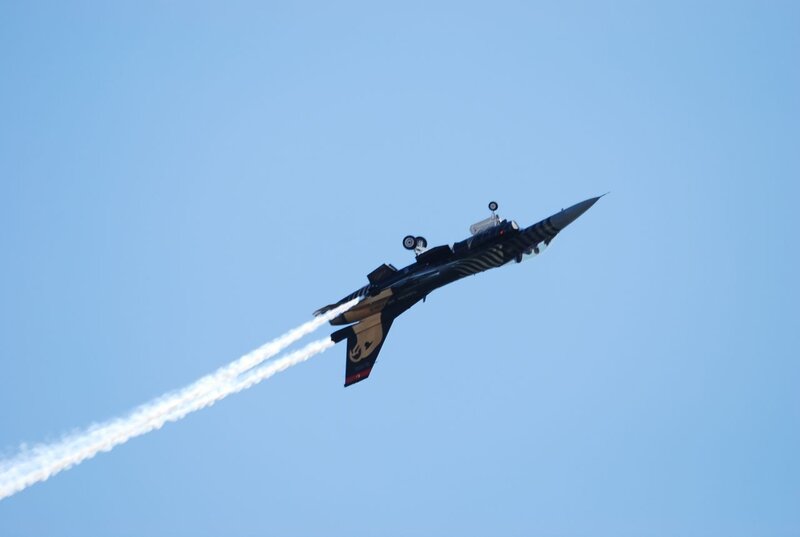 Fighter Jet in Flight — Blue, Dynamic, Afternoon, Photograph, Smoke Trail, Clear Sky