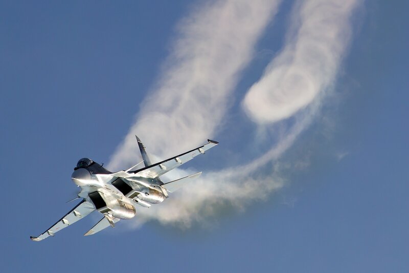 Fighter Jet in Flight — Blue, Dynamic, Afternoon, Photograph, Smoke Trail, Sky