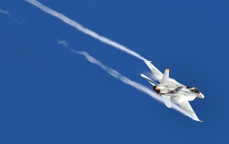 Fighter Jet in Flight — Blue, Dynamic, Afternoon, Photograph, Smoke Trail