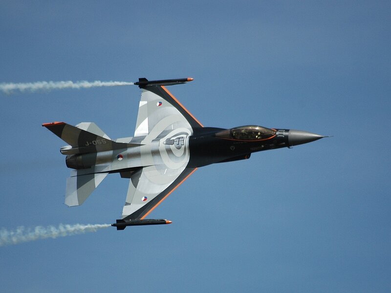 Fighter Jet in Flight — Blue, Dynamic, Afternoon, Photograph, Smoke Trails, Sky, Gray, Black