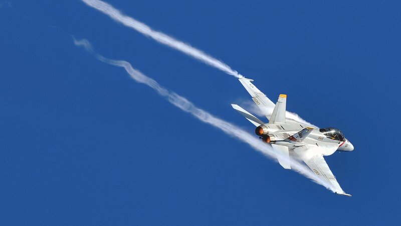 Fighter Jet in Flight — Blue, Dynamic, Afternoon, Photograph, Smoke Trails, Sky