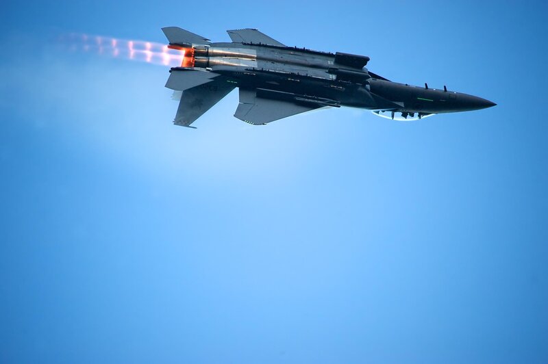 Fighter Jet in Flight — Blue, Dynamic, Afternoon, Photograph