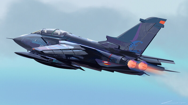 Fighter Jet in Flight — Blue, Dynamic, Digital Art