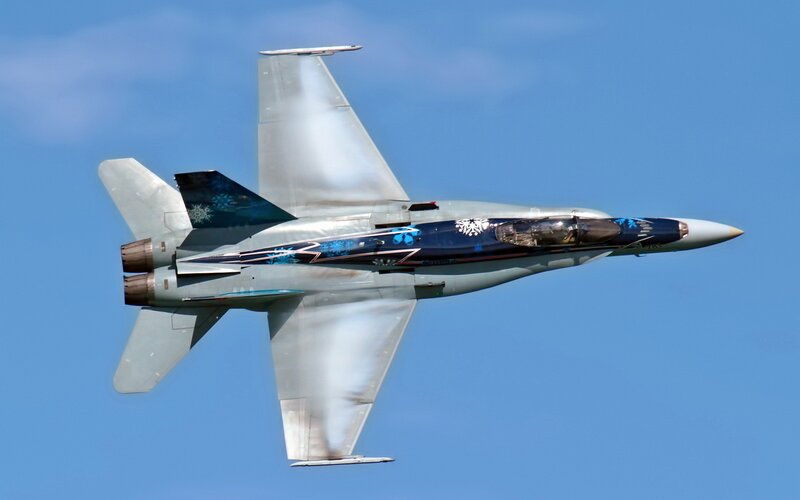 Fighter Jet in Flight — Blue, Dynamic, Photograph, Sky, Snowflakes, Gray