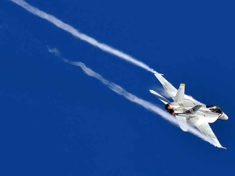 Fighter Jet in Flight — Blue, Dynamic, Photograph, Smoke Trail