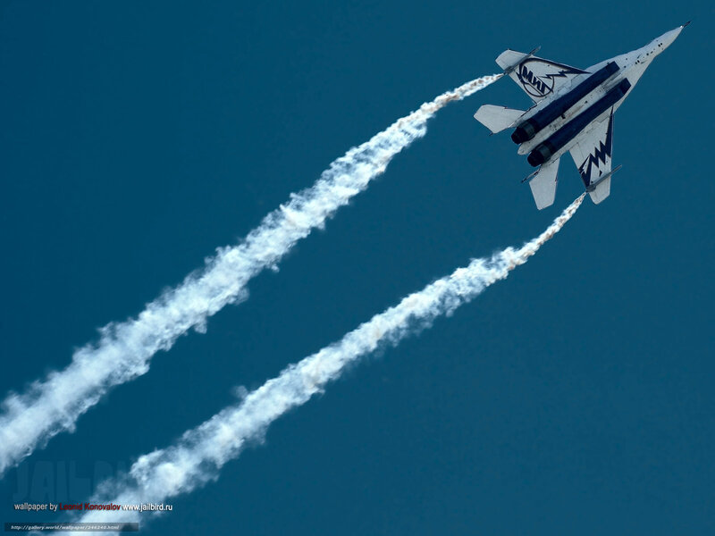 Fighter Jet in Flight — Blue, Dynamic, Photograph, Smoke Trails