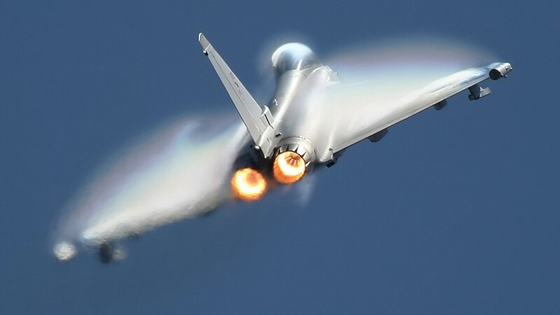 Fighter Jet in Flight — Blue, Dynamic, Photograph