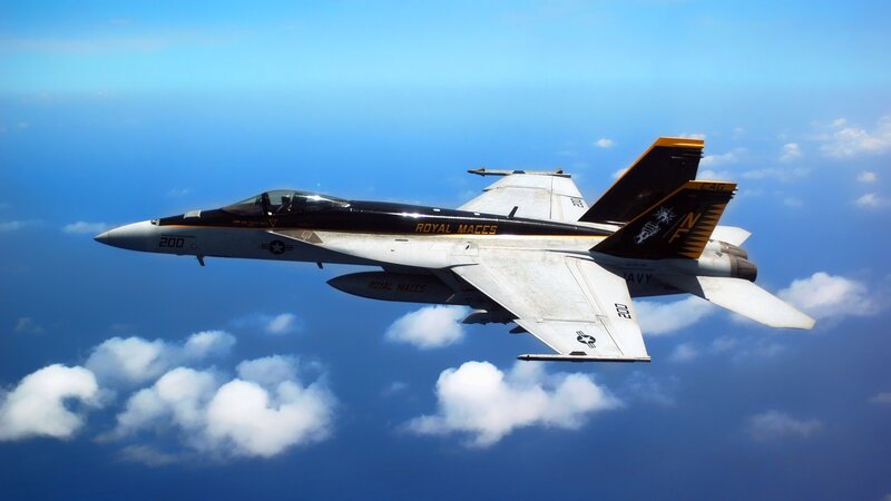 Fighter Jet in Flight — Blue, Serene