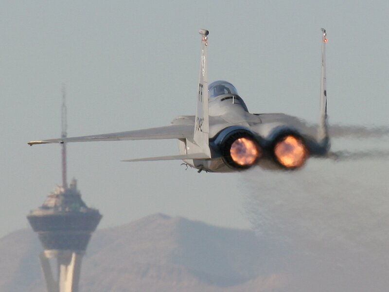 Fighter Jet in Flight — Gray, Dramatic, Afternoon, Photograph, Jet Engine Flames