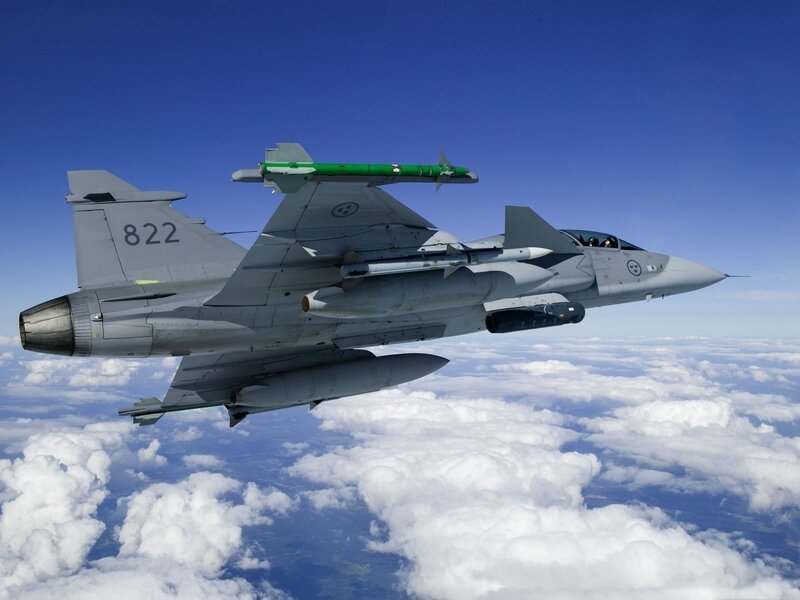 Fighter Jet in Flight — Gray, Dramatic, Afternoon, Photograph, Missile, Clouds, Sky