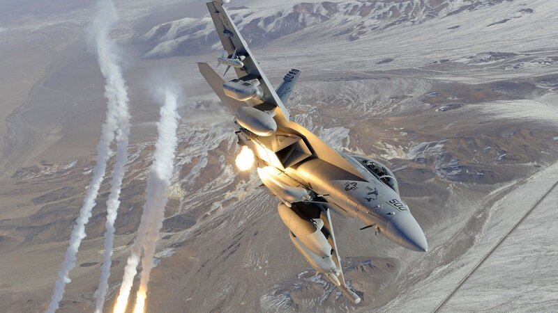 Fighter Jet in Flight — Gray, Dramatic, Afternoon, Photograph, Mountains, Smoke Trails