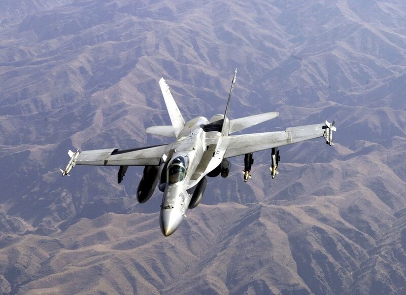 Fighter Jet in Flight — Gray, Dramatic, Afternoon, Photograph, Mountains