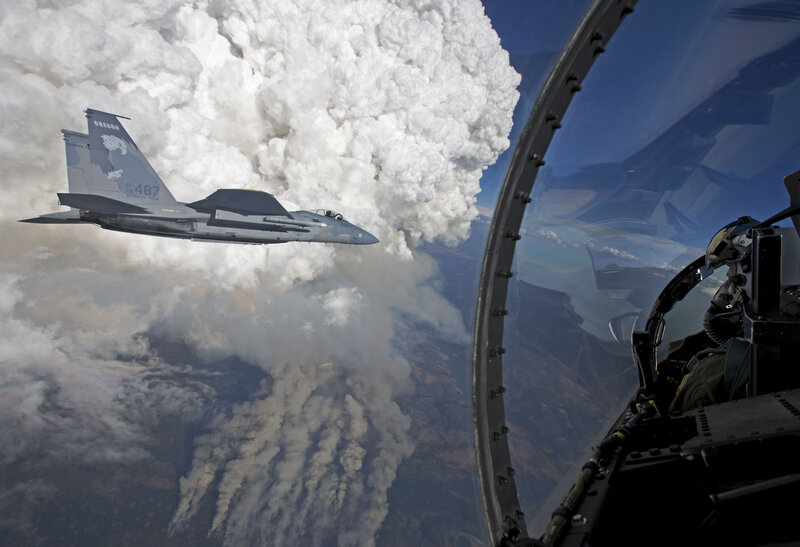 Fighter Jet in Flight — Gray, Dramatic, Afternoon, Photograph, Smoke, Clouds