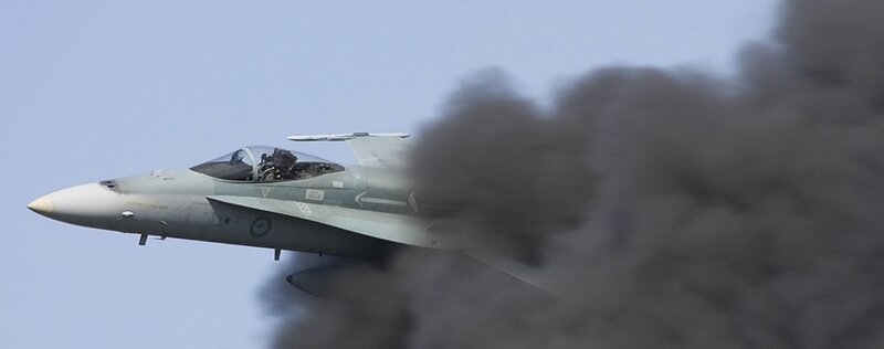 Fighter Jet in Flight — Gray, Dramatic, Afternoon, Photograph, Smoke