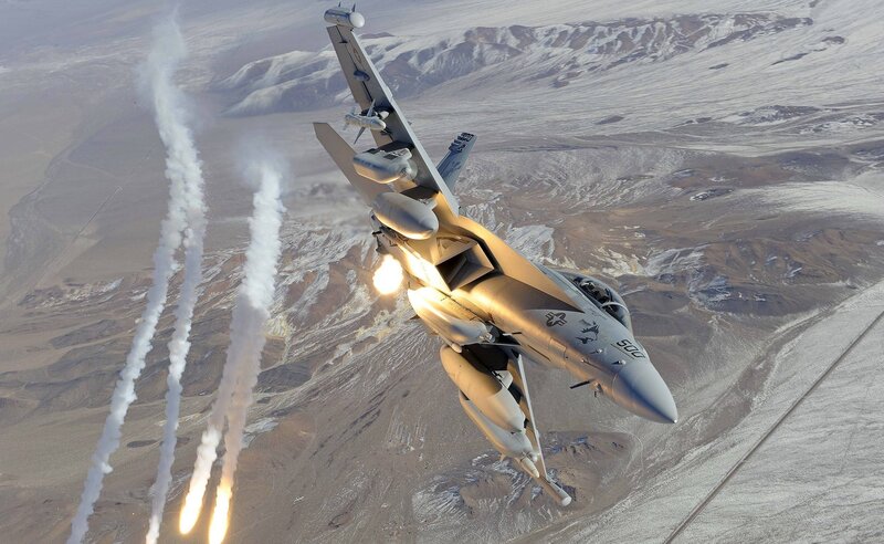 Fighter Jet in Flight — Gray, Dramatic, Afternoon, Photograph, Smoke Trails, Mountains