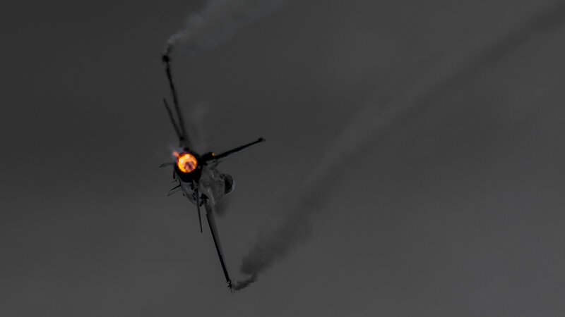 Fighter Jet in Flight — Gray, Dramatic, Night, Photograph