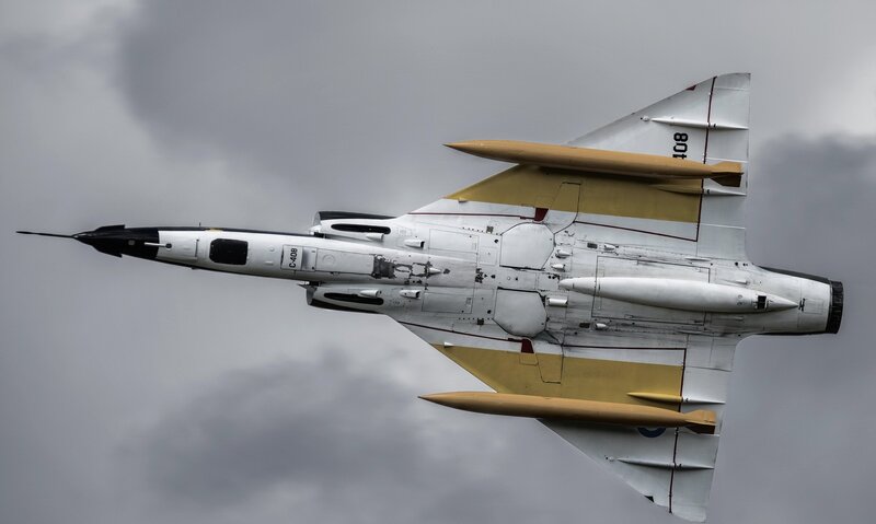 Fighter Jet in Flight — Gray, Dramatic, Photograph, Aircraft, Missiles