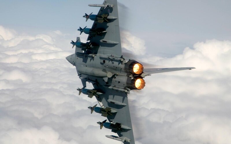 Fighter Jet in Flight — Gray, Dramatic, Photograph, Clouds, Missiles, Afterburners