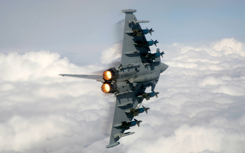 Fighter Jet in Flight — Gray, Dramatic, Photograph, Clouds, Missiles