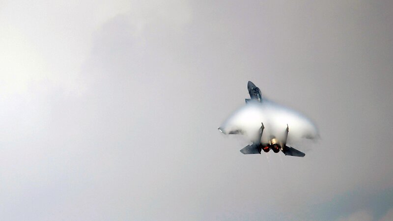 Fighter Jet in Flight — Gray, Dramatic, Photograph, Clouds, Sky