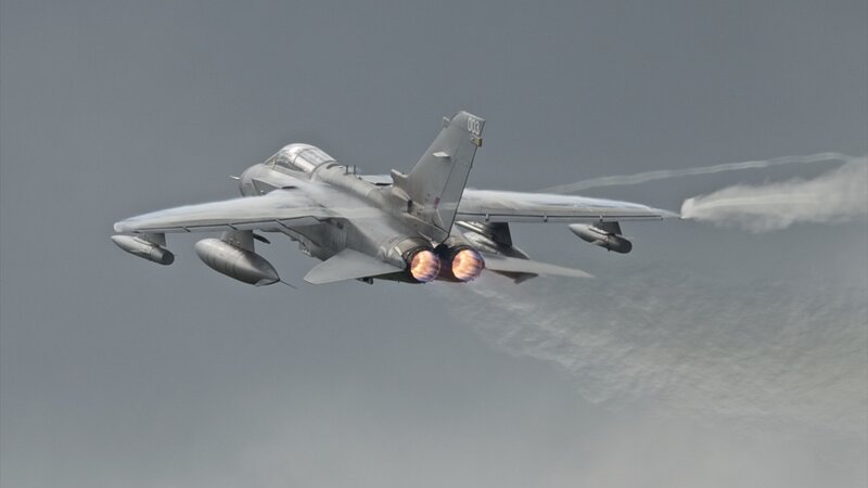 Fighter Jet in Flight — Gray, Dramatic, Photograph, Jet Engine, Exhaust, Clouds