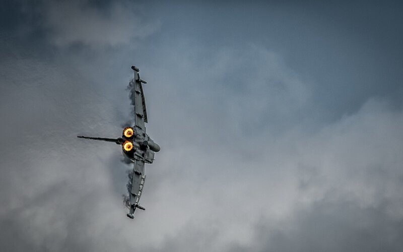 Fighter Jet in Flight — Gray, Dramatic, Photograph, Jet Engine, Smoke