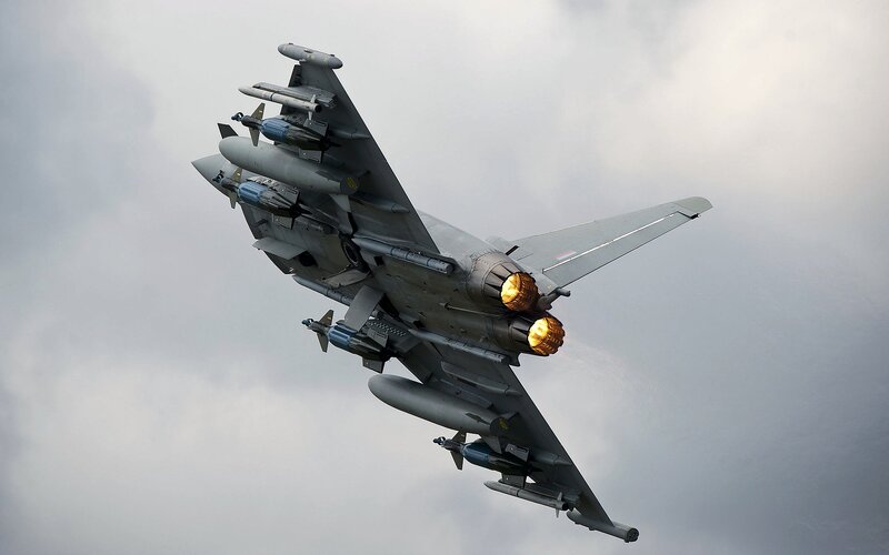 Fighter Jet in Flight — Gray, Dramatic, Photograph, Missiles, Afterburners