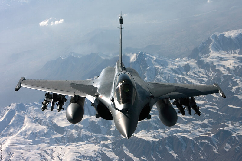 Fighter Jet in Flight — Gray, Dramatic, Photograph, Mountains, Snow