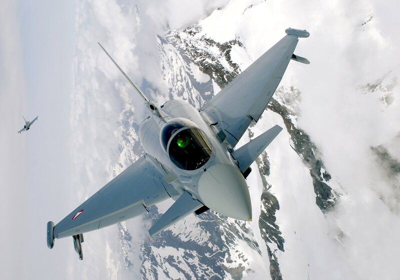 Fighter Jet in Flight — Gray, Dramatic, Photograph, Mountains