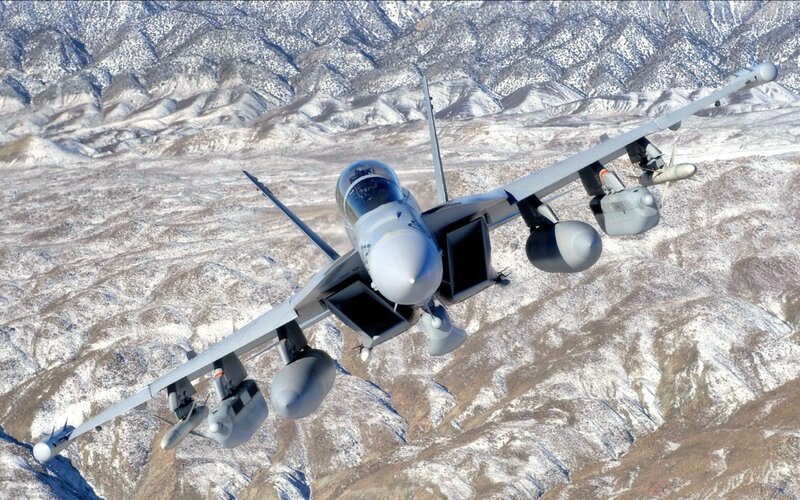 Fighter Jet in Flight — Gray, Dramatic, Photograph, Mountains, Weapons