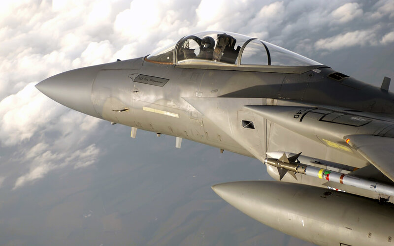 Fighter Jet in Flight — Gray, Dramatic, Photograph, Pilot, Missile, Clouds, White, Blue