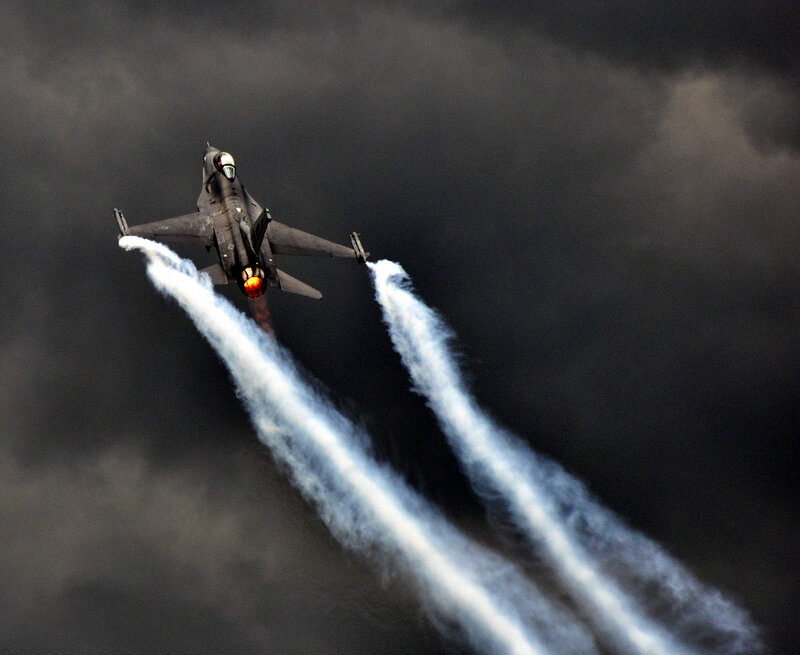 Fighter Jet in Flight — Gray, Dramatic, Photograph, Smoke Trails
