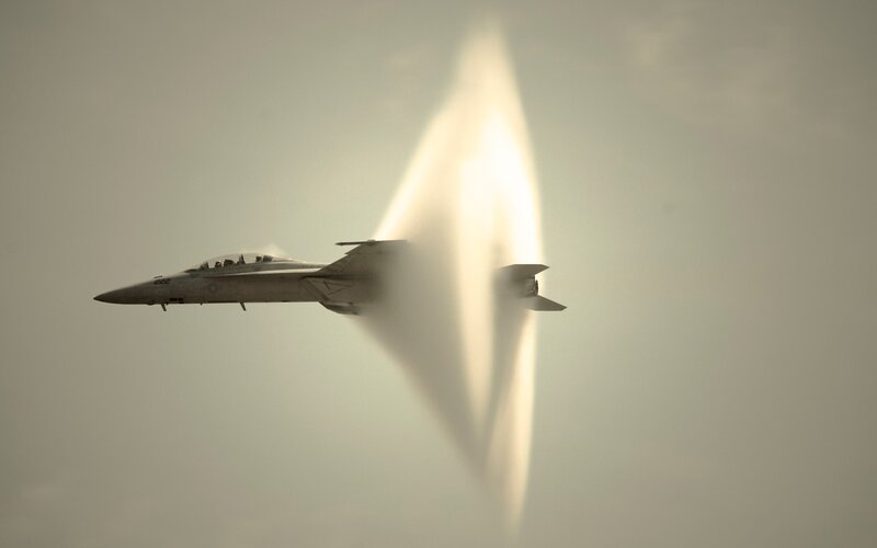 Fighter Jet in Flight — Gray, Dramatic, Photograph, Sonic Boom