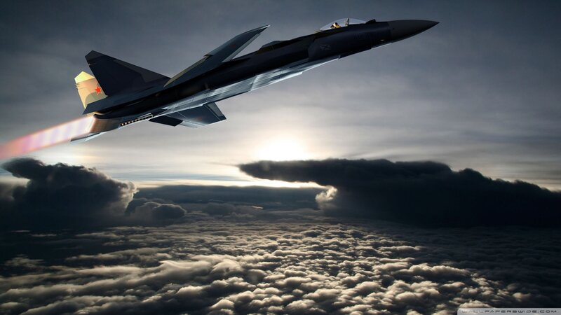 Fighter Jet in Flight — Gray, Dramatic, Sunset, Digital Art, Clouds