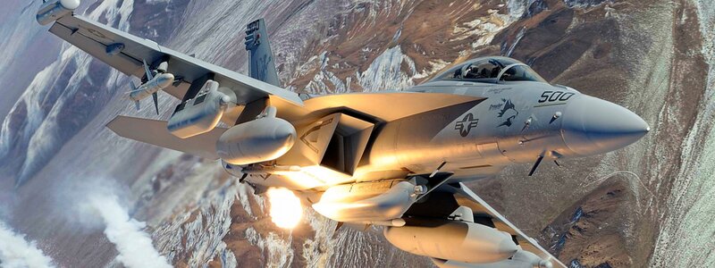 Fighter Jet in Flight — Gray, Dramatic, Sunset, Photograph, Mountain Range
