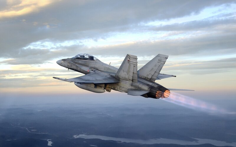 Fighter Jet in Flight — Gray, Dramatic, Sunset, Photograph, Sky, Clouds