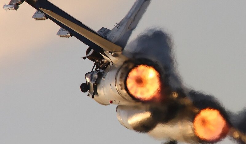 Fighter Jet in Flight — Gray, Dramatic, Sunset, Photograph