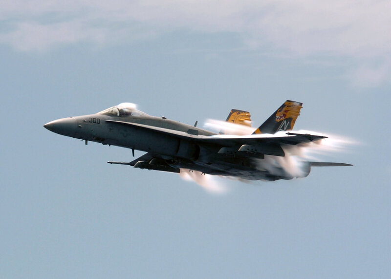 Fighter Jet in Flight — Gray, Dynamic, Afternoon, Photograph, Clouds, Sky