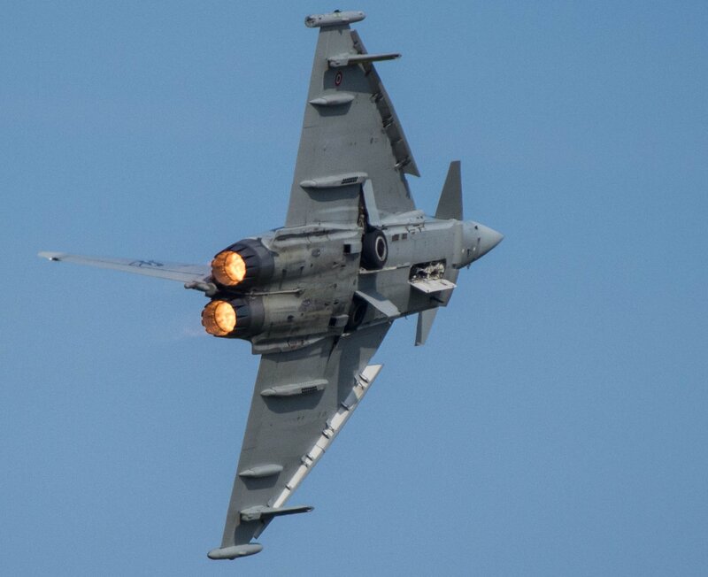 Fighter Jet in Flight — Gray, Dynamic, Afternoon, Photograph, Jet Engines