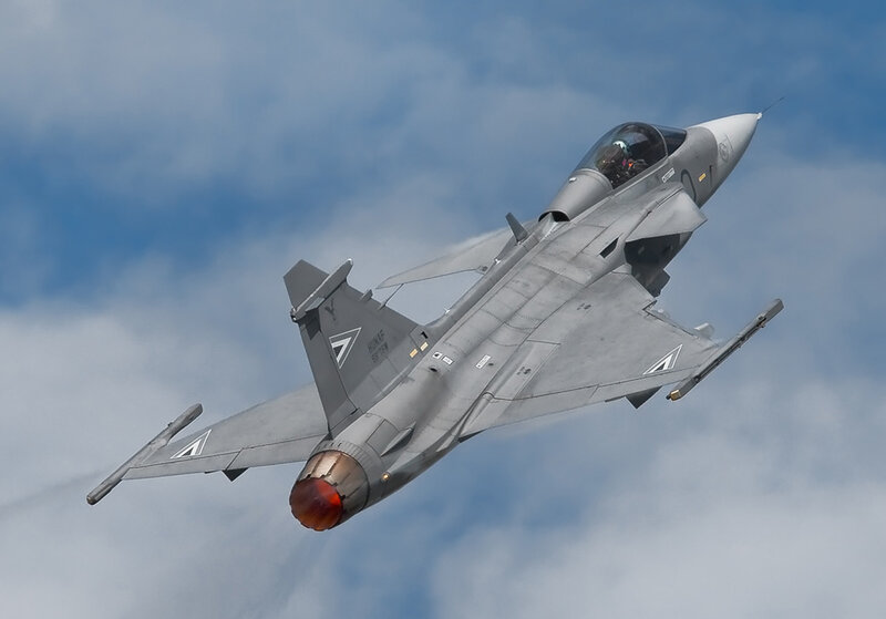 Fighter Jet in Flight — Gray, Dynamic, Afternoon, Photograph, Sky, Clouds, Jet Engine
