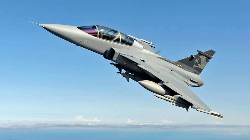 Fighter Jet in Flight — Gray, Dynamic, Afternoon, Photograph, Sky, Clouds