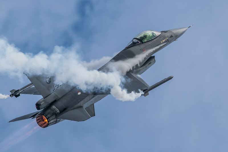 Fighter Jet in Flight — Gray, Dynamic, Afternoon, Photograph, Smoke, Jet Engine