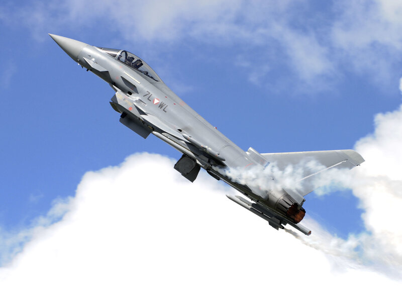 Fighter Jet in Flight — Gray, Dynamic, Afternoon, Photograph, Smoke