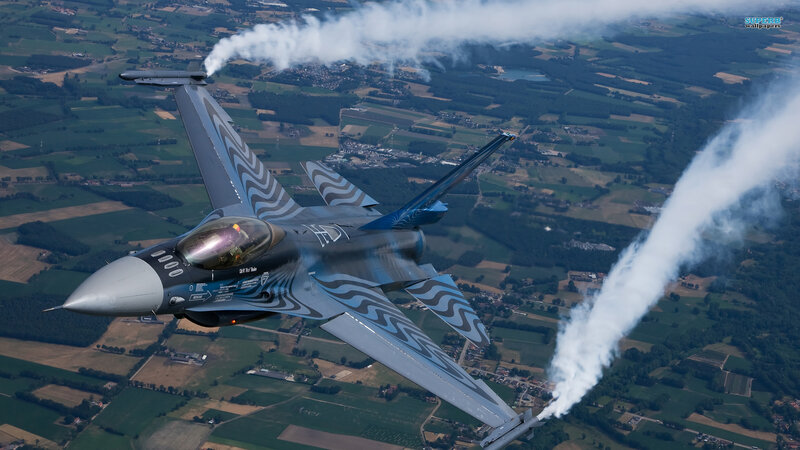 Fighter Jet in Flight — Gray, Dynamic, Afternoon, Photograph, Smoke Trails